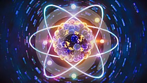 Looking inside the atom nucleus, protons, neutrons, electrons. Atomic energy