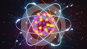 Looking inside the atom nucleus, protons, neutrons, electrons. Atomic energy
