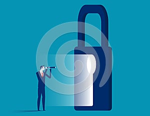 Looking into the keyhole with binoculars. Business vector illustration