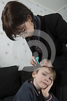 Looking for lice on childs head