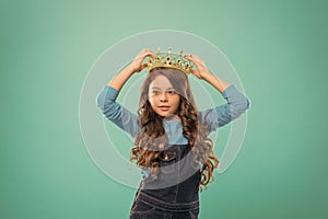 Looking like a big boss or vip. Adorable big boss wearing jewelry crown on blue background. Powerful big boss with