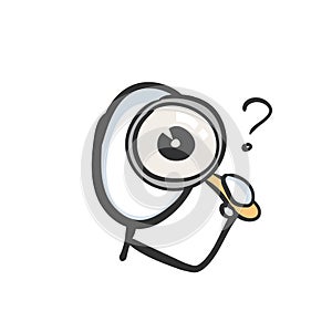 Looking into magnifying glass. Inspect, search and analyze detective. Hand drawn. Stickman cartoon. Doodle sketch, Vector graphic