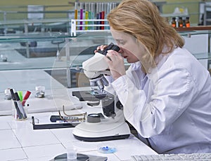 Buscando través de microscopio 