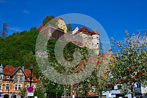 Looking at Middle Ages History Hellenstein Castle in Heidenheim. It is Standing on a Hill in The Middle of The City, Sunny Spring photo