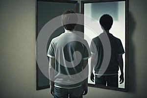 looking in a mirror and seeing a back view of himself , created with Generative AI technology