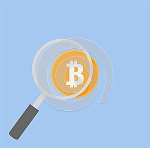 Looking for money. Search Bitcoin money. Bitcoin with magnifying glass icon