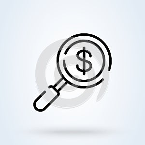 Looking For Money sign icon or logo line. Magnifier and dollar concept. Magnifying glass for zooming dollar outline vector