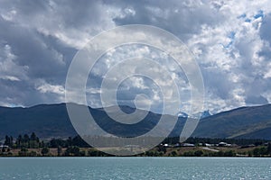 Looking at mountains over the Lake Dunstan in Cromwell, New Zealand