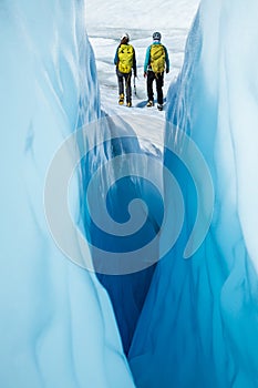 Looking through a narrow crevasse at two women ice climbers walking away on the Matanuska Glacier in Alaska