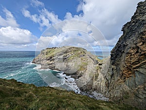 Looking onto Tintagel Castle in Cornwall, England, from the mainland.