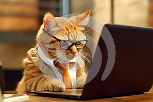 looking orange cat wearing glasses works on his laptop