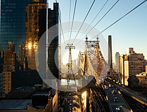 Looking out at the 59th Street bridge with the wires overhead