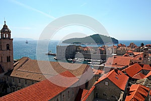 Looking out over Dubrovnik's Old Town, Red Rooftops, Saint Sebastian Church and Lokrum Island in the distance