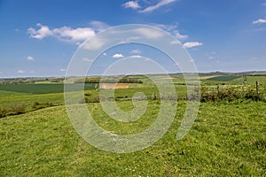 Looking out over fields in the South Downs near Falmer, with a blue sky overhead