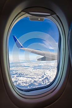 Looking out the window of airplane, Sky with white clouds viewed from inside an airplane windows