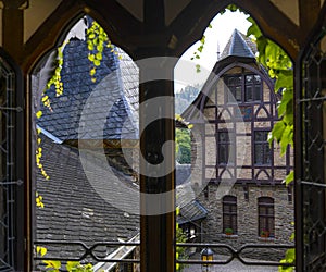 Looking out the window at the medieval Cochem Castle courtyard