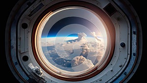 Looking out the window of a spacestation photo