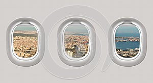 Looking out the windows of a plane to the city of Istanbul