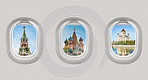 Looking out the windows of a plane to the Kremlin and Cathedrals