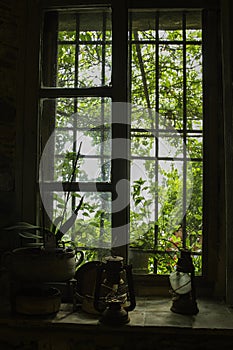 Looking the outdoor green foliage through the restaurant window of the movie Godfather`s in Savoca ,Sicily