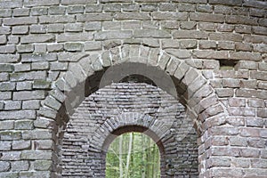 Looking outside from the inside of a ruin in the forest