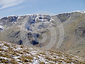 Looking over to Nethermost Cove in light snow, Lake District