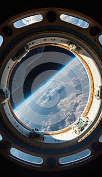 Looking at planet earth trough a window at the spacestation above earth photo