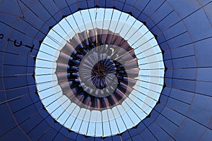 Looking skywards as the top of the hot air balloon canopy is opened after landing. photo