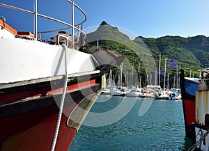 Looking at splendid yachts between the bows of two old vessels