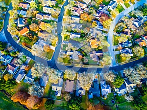 Looking straight down Over Modern Suburb Home Community with Fall Colors Curved Streetes photo