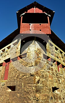 Looking straight into the watchtower of a well-preserved blockhouse