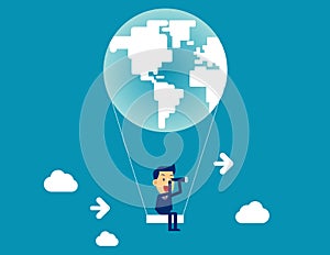 Looking telescope in globe air balloon. Concept business searching vector illustration, Business flat cartoon, Cloud - Sky