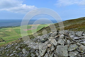 Looking to hazy sea from Seaness cairn