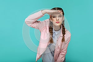 Looking too far. portrait of beautiful cute girl standing with m