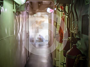 looking towards the exit door The passageway inside the naval warships.