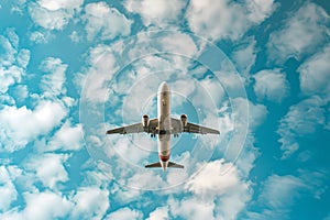 Looking up at an airplane centered in blue sky