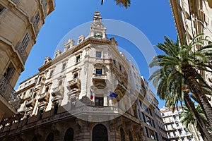 Looking up at the architectural details of an old apartment building in Toulon, France