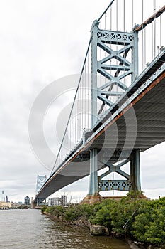 Looking up at the Benjamin Franklin Bridge, from Camden, New Jersey into Philadelphia, Pennsylvania, USA