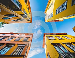 Looking Up Blue Modern Office Building