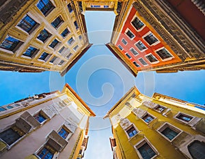 Looking Up Blue Modern Office Building