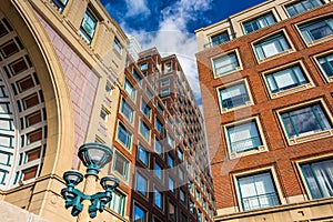 Looking up at buildings in Rowes Wharf, in Boston, Massachusetts