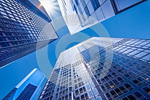 Looking up at business buildings in downtown New York USA