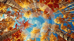 Looking up at a Canopy of Golden Autumn Leaves Against a Clear Blue Sky. Vivid Fall Foliage and Tall Trees. Nature's