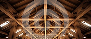 looking up at the ceiling of a wooden building