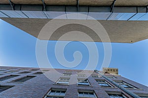 Looking up at city apartments with blue sky background in Austin Texas