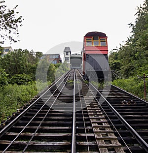 Looking up the Duquesne incline at the funicular rail transportation up mount Washington