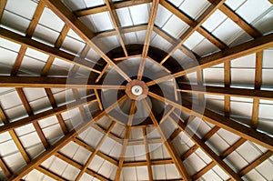 Looking up at eight sided exposed beam roof