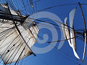 Looking up at the full sails of a tallship at sea