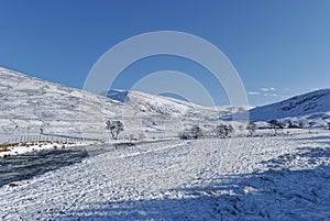 Looking up Glen Clunie towards the snow covered mountains of Glenshee