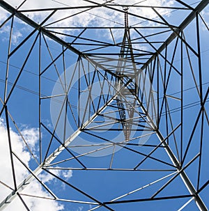 Looking up through a high voltage electrical tower